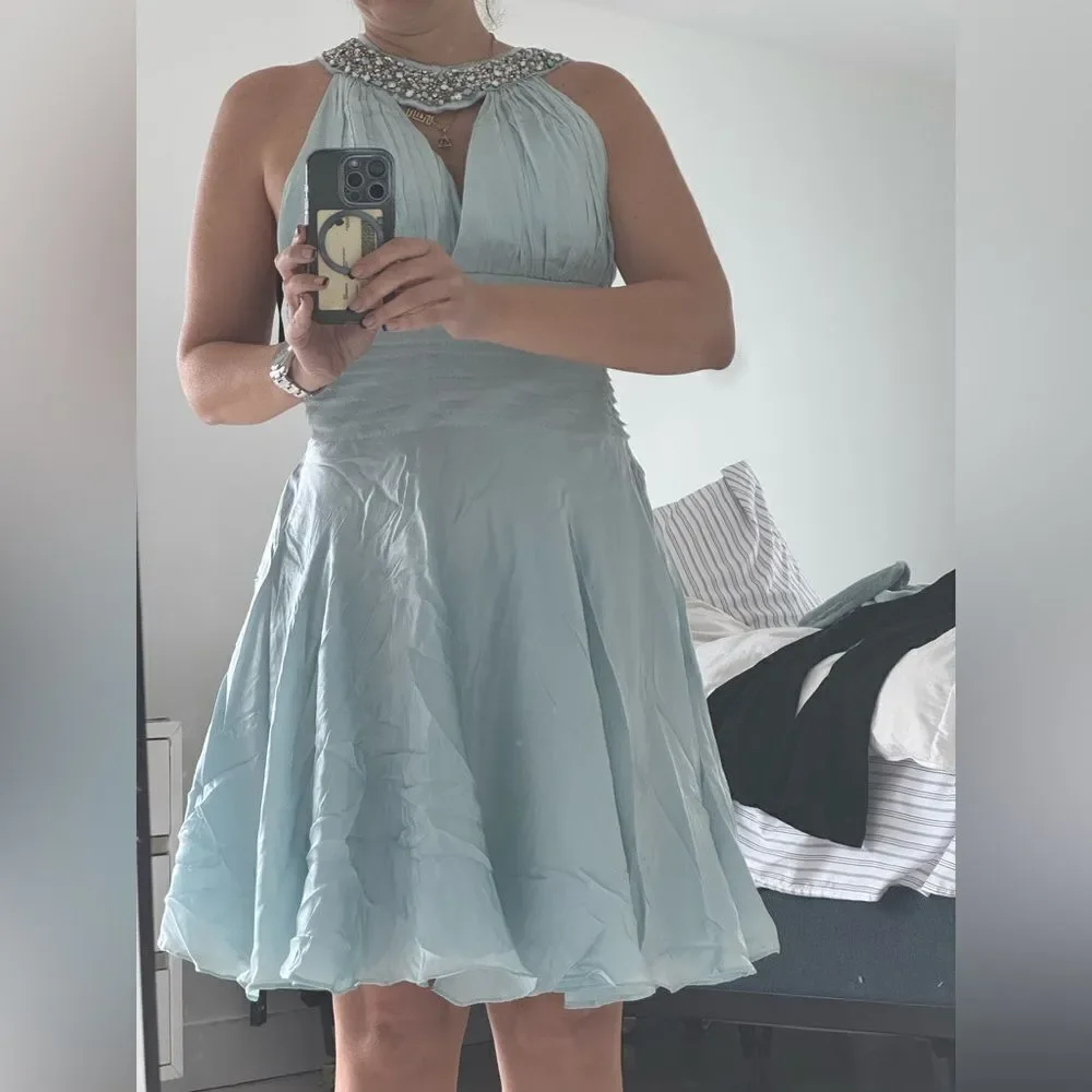 Silk & Beaded Halter Dress - Light Blue